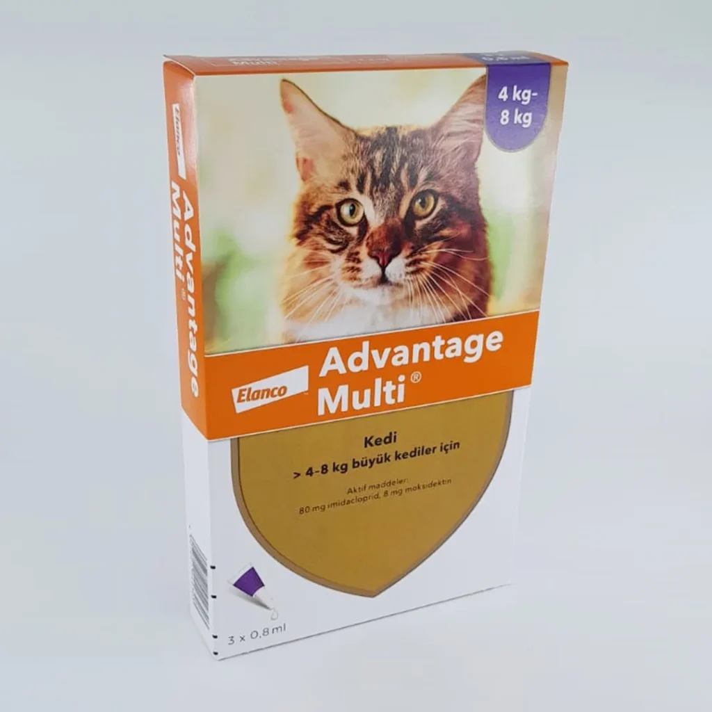 Advantage Multi Kedi 4-8 kg Parazit Damlası şişesi, iç ve dış parazitlerden koruma sağlayan veteriner onaylı formül.