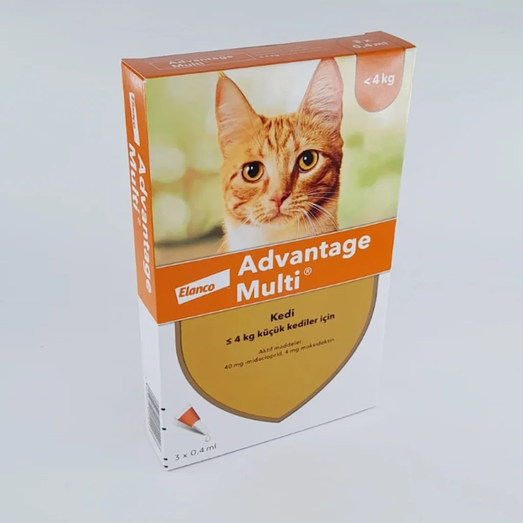 Advantage Multi Kedi 4 kg Altı Parazit Damlası şişesi, iç ve dış parazitlerden koruma sağlayan veteriner onaylı formül.