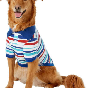 Çizgili Köpek ve Kedi Polo Tişörtü, Kırmızı ve Mavi, Küçük Beden